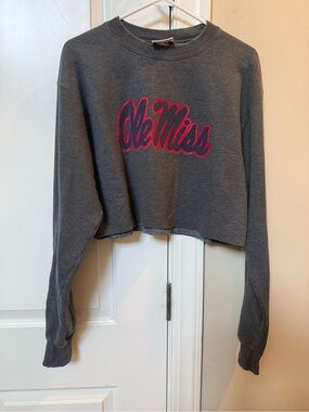 Champion Cropped Charcoal Sweatshirt with Pink Ole Miss Script